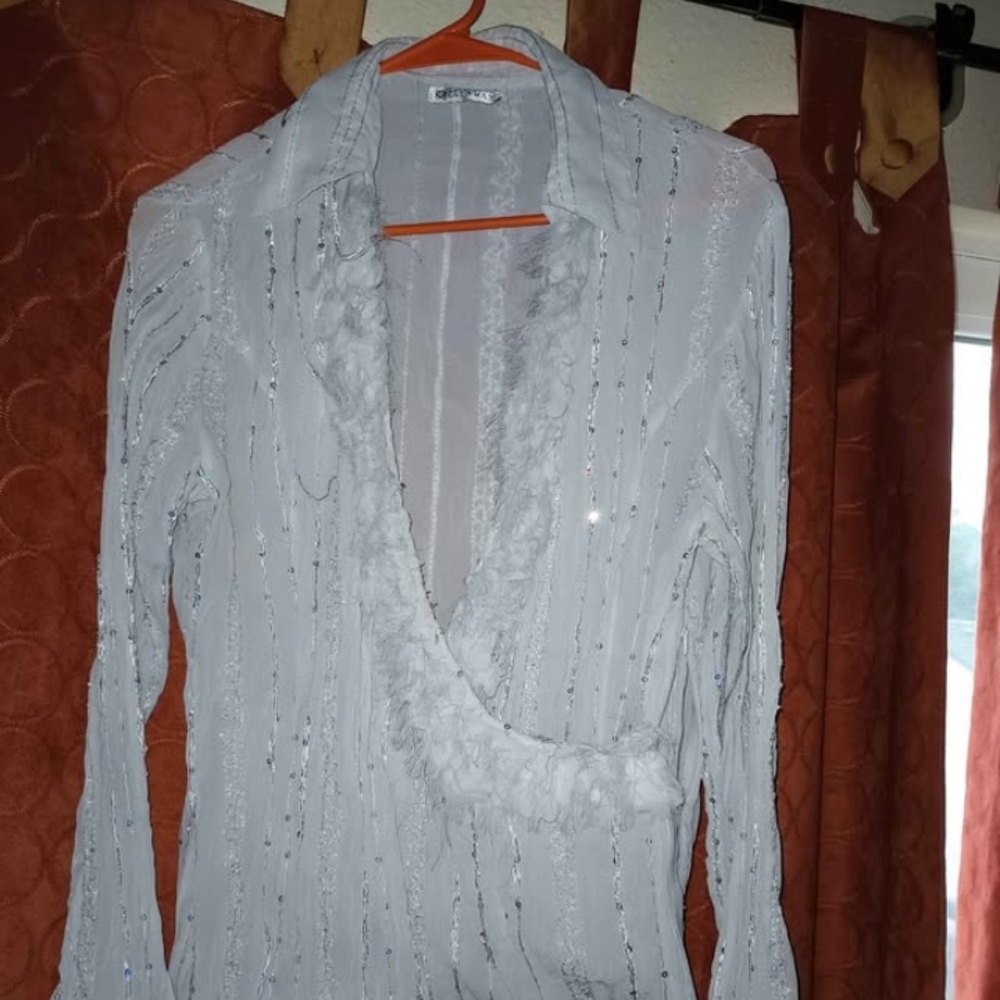 Chic Sheer White Blouse with Sequin Accents